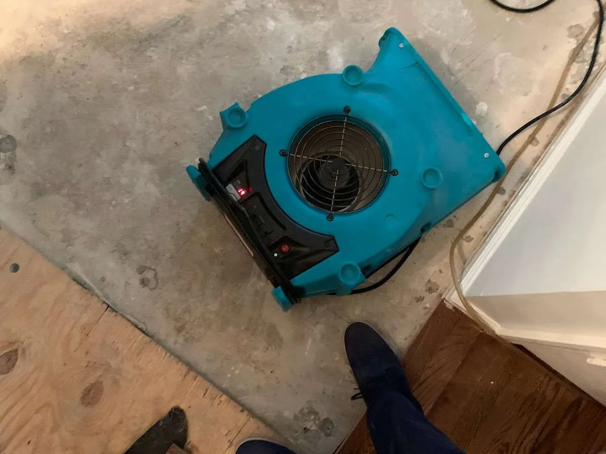 Air mover drying subfloor during Leak Detection & Repair in Clarkdale